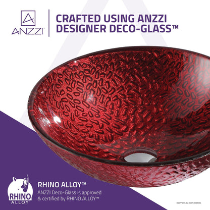 ANZZI Rhythm Series 17" x 17" Round Lustrous Red Deco-Glass Vessel Sink With Polished Chrome Pop-Up Drain