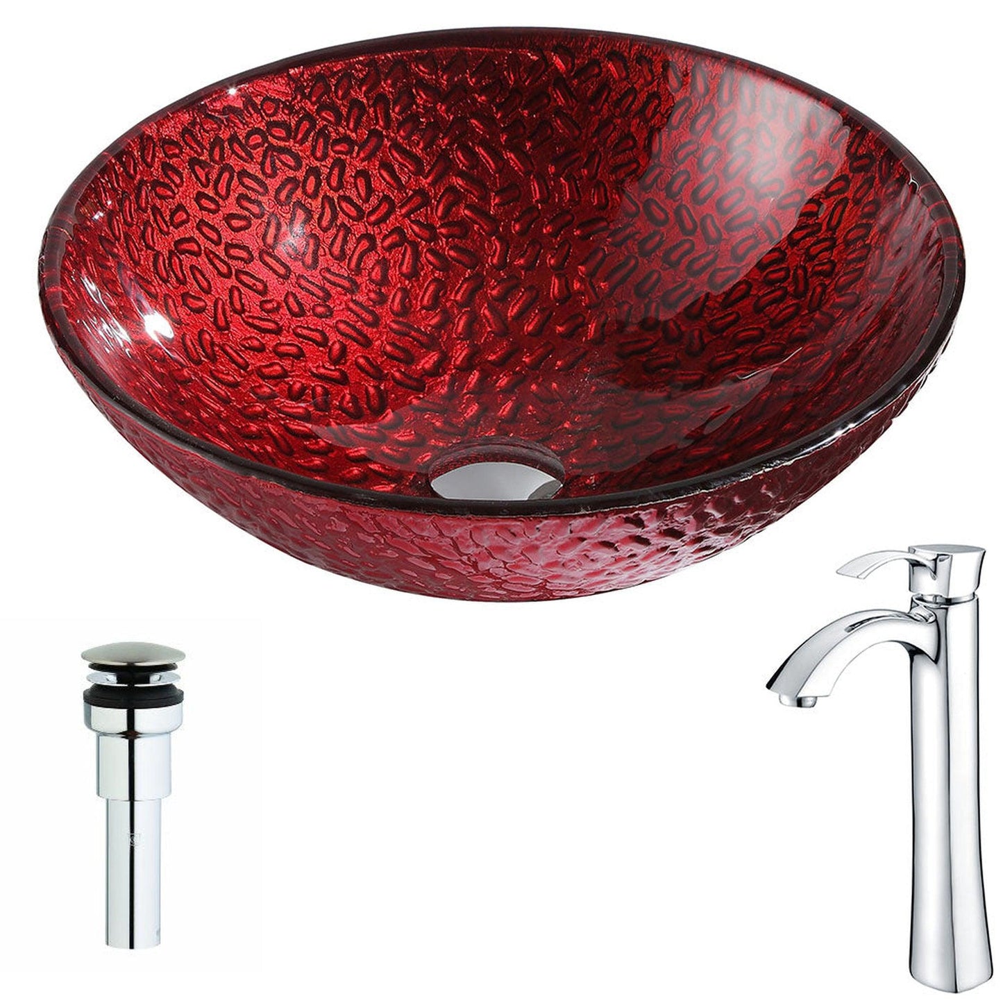 ANZZI Rhythm Series 17" x 17" Round Lustrous Red Deco-Glass Vessel Sink With Polished Chrome Pop-Up Drain and Brushed Nickel Enti Faucet