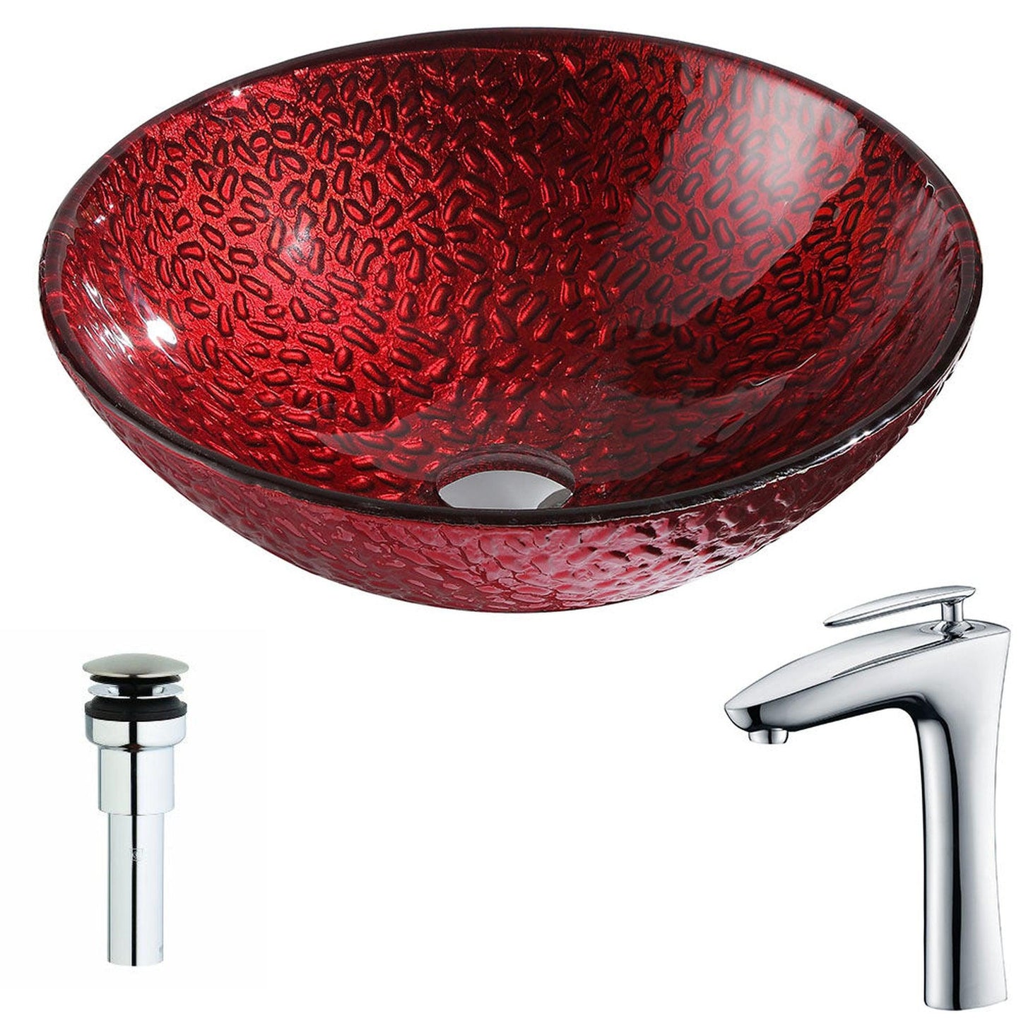 ANZZI Rhythm Series 17" x 17" Round Lustrous Red Deco-Glass Vessel Sink With Polished Chrome Pop-Up Drain and Fann Faucet