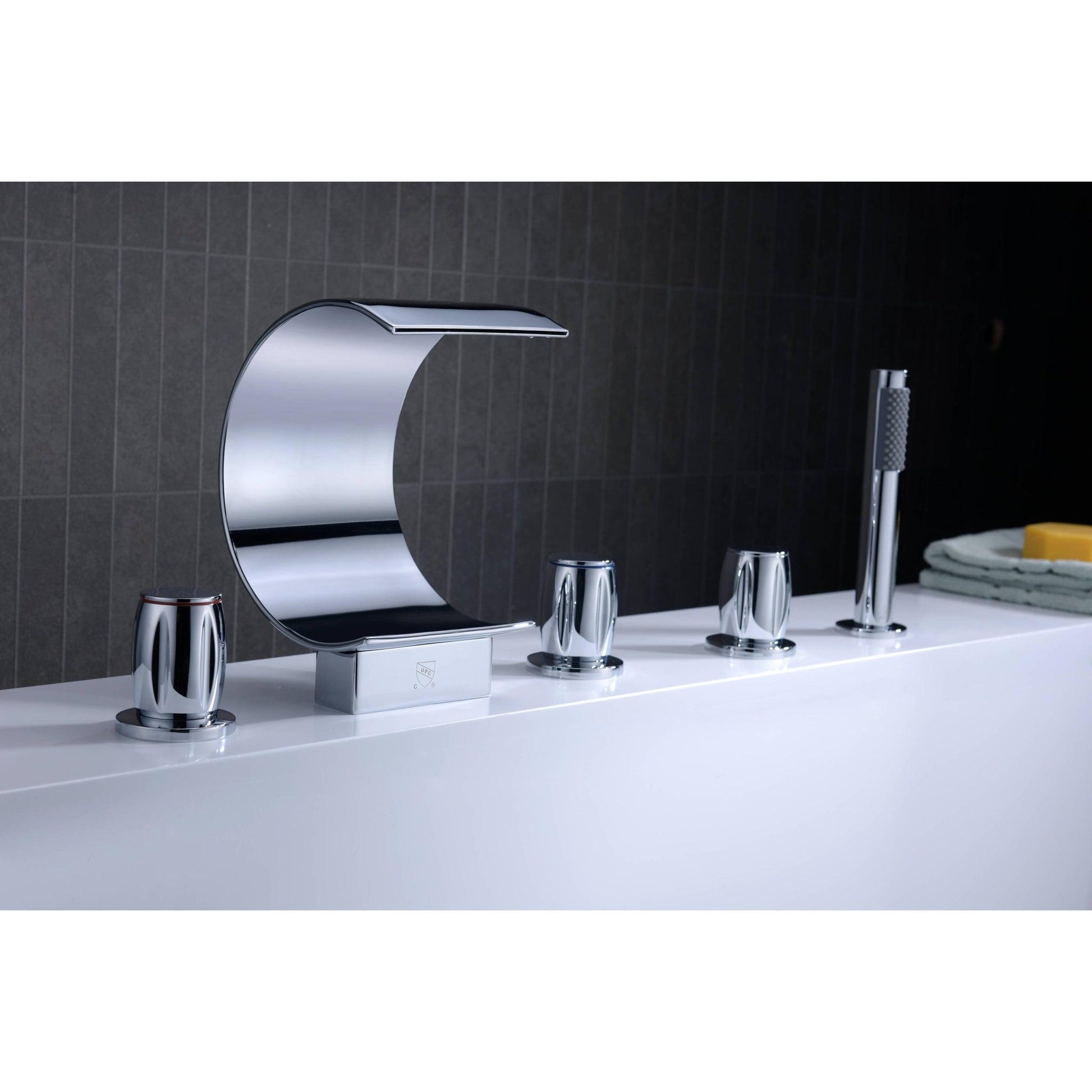 ANZZI Ribbon Series 3-Handle Polished Chrome Waterfall Spout Roman Tub Faucet With Euro-Grip Handheld Sprayer