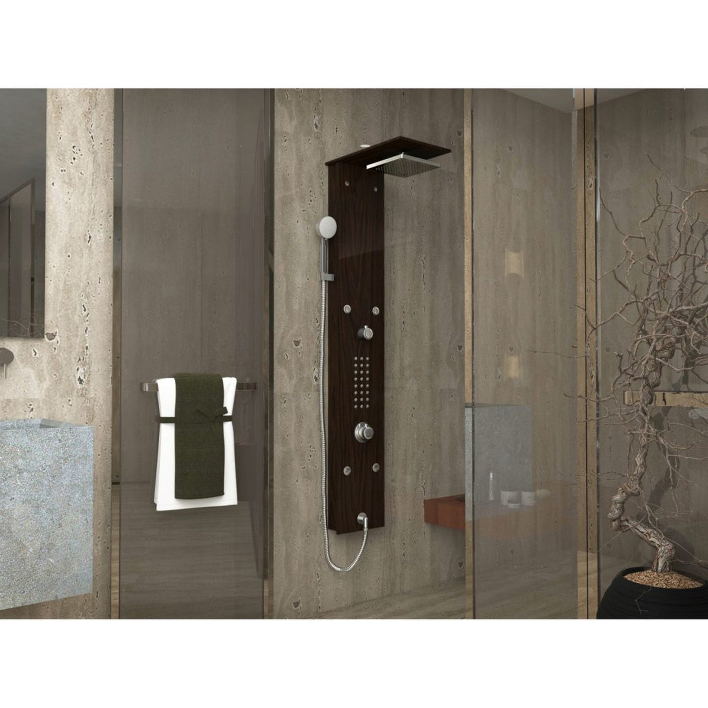 ANZZI Rite Series 60.75" Mahogany 28-Jetted Full Body Shower Panel With Heavy Rain Shower Head and Euro-Grip Hand Sprayer