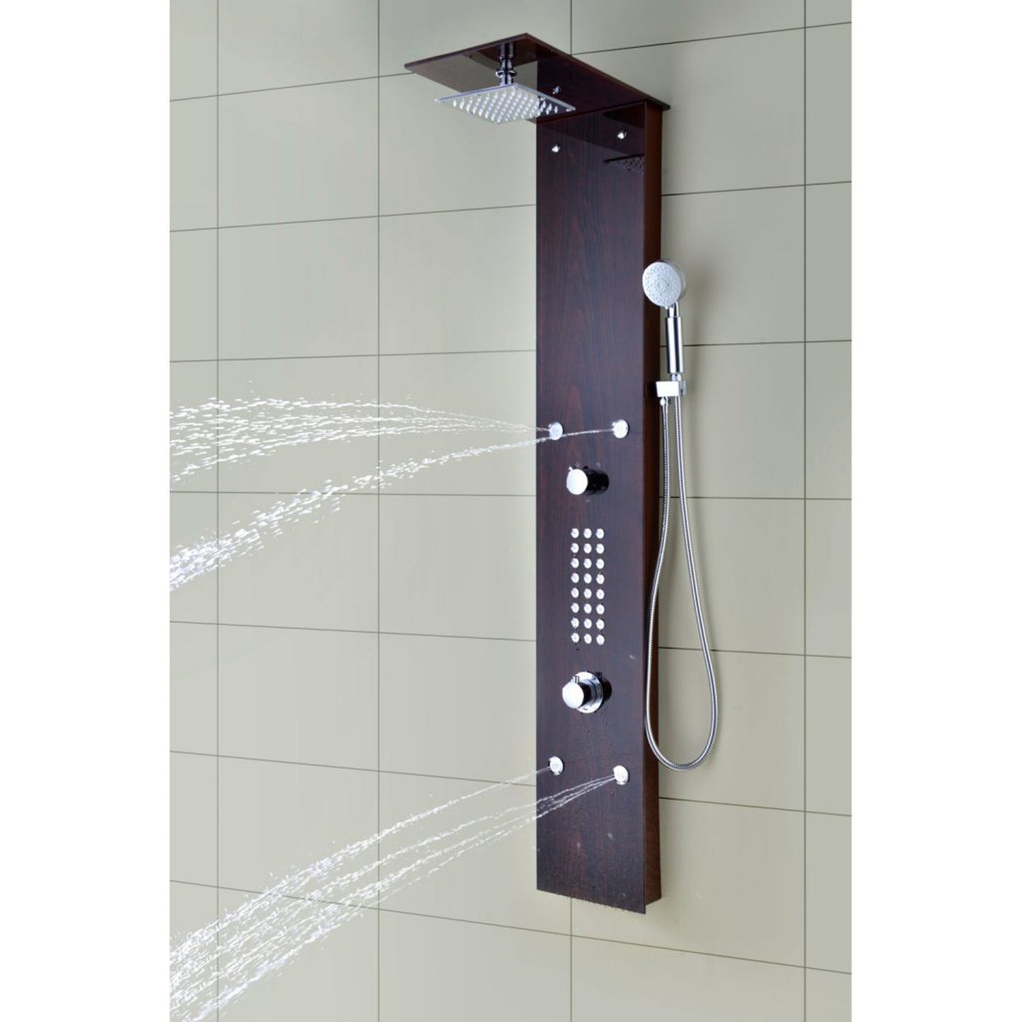 ANZZI Rite Series 60.75" Mahogany 28-Jetted Full Body Shower Panel With Heavy Rain Shower Head and Euro-Grip Hand Sprayer