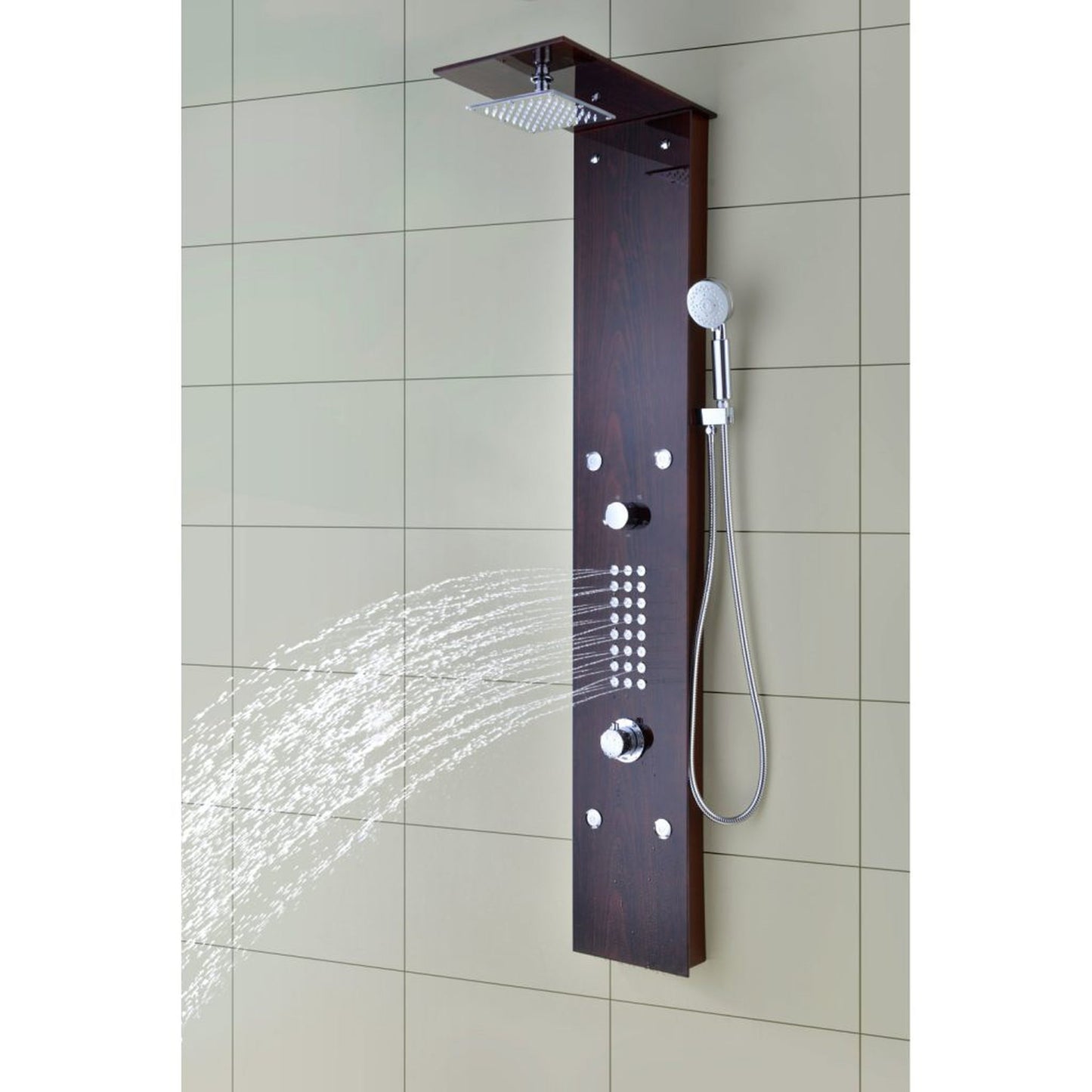 ANZZI Rite Series 60.75" Mahogany 28-Jetted Full Body Shower Panel With Heavy Rain Shower Head and Euro-Grip Hand Sprayer