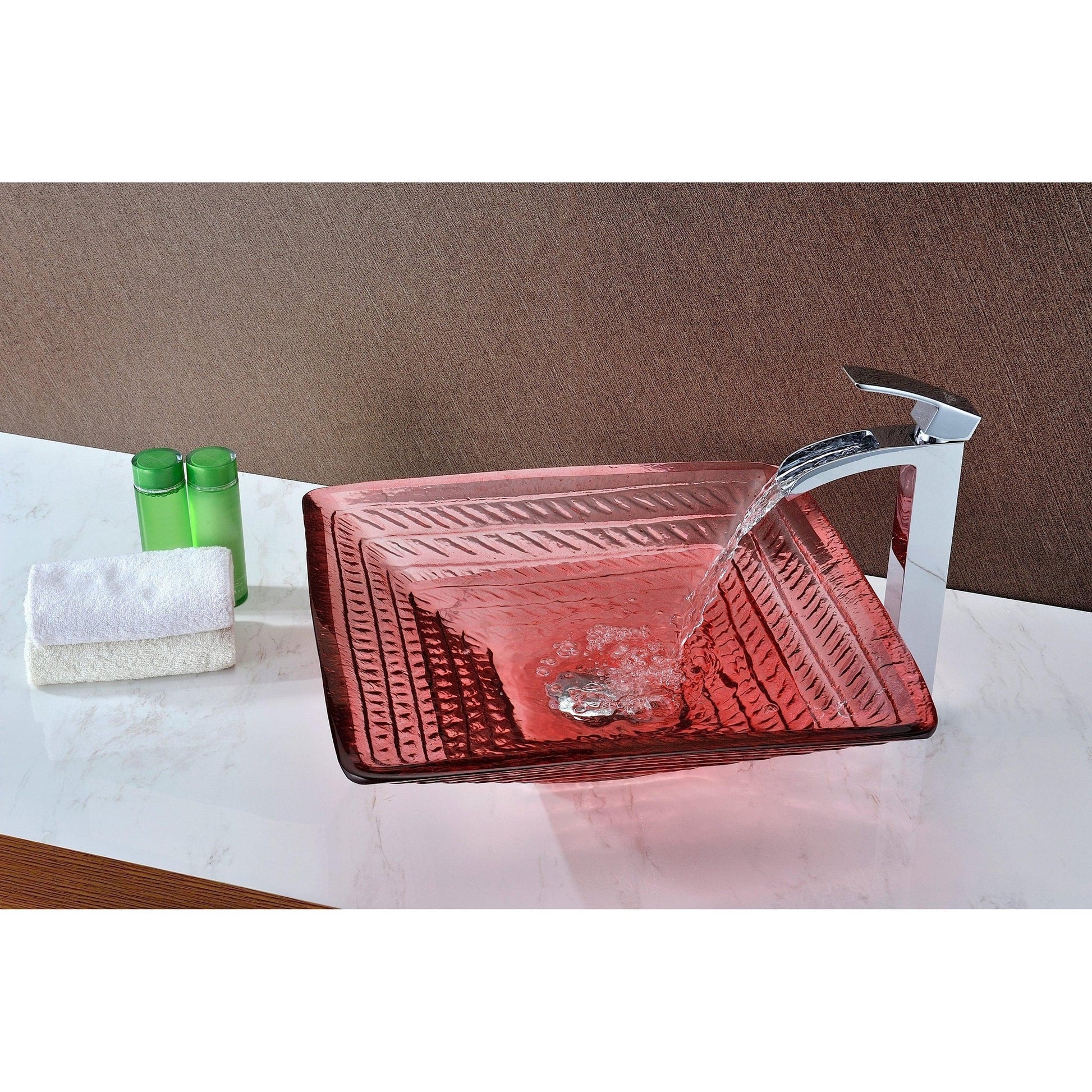 ANZZI Ritmo Series 18" x 18" Square Shaped Lustrous Translucent Red Deco-Glass Vessel Sink With Polished Chrome Pop-Up Drain