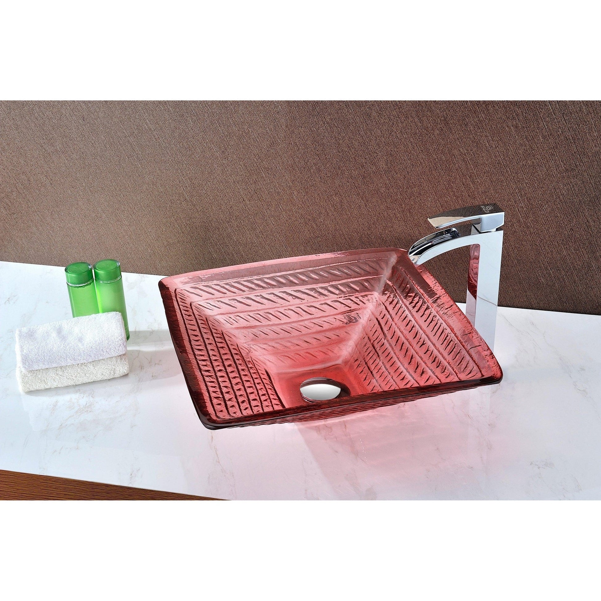 ANZZI Ritmo Series 18" x 18" Square Shaped Lustrous Translucent Red Deco-Glass Vessel Sink With Polished Chrome Pop-Up Drain