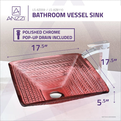 ANZZI Ritmo Series 18" x 18" Square Shaped Lustrous Translucent Red Deco-Glass Vessel Sink With Polished Chrome Pop-Up Drain