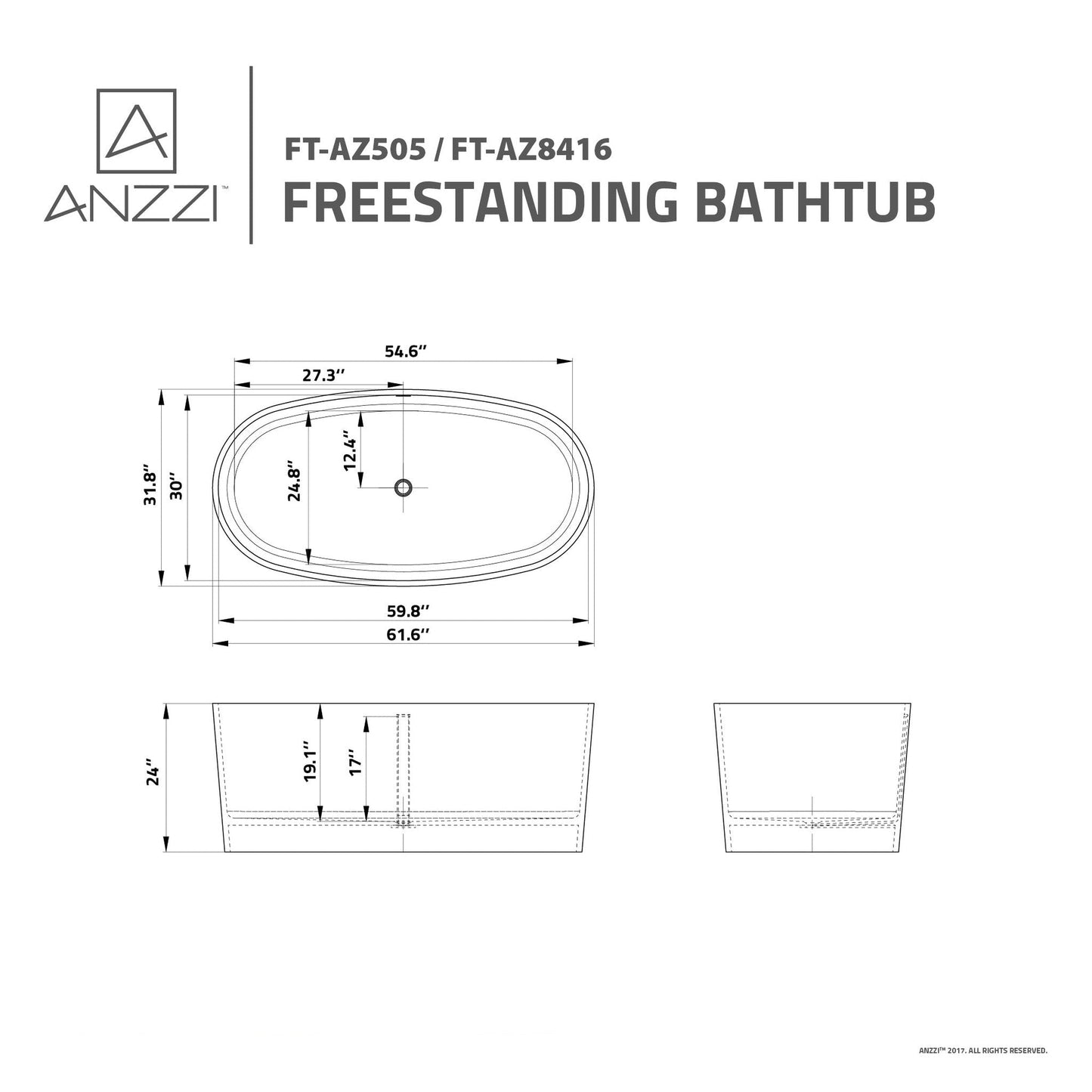 ANZZI Roccia Series 61" x 31" Matte White Freestanding Bathtub With Built-In Overflow and Pop-Up Drain