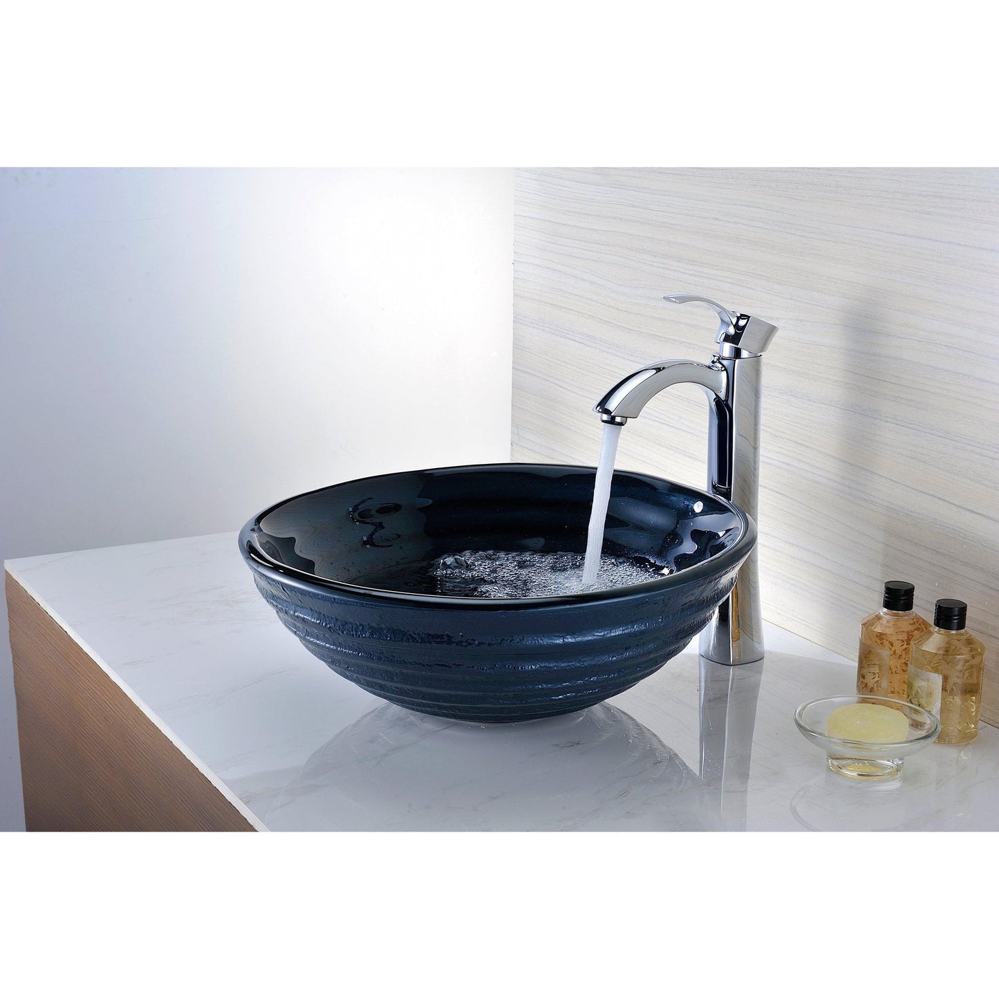 ANZZI Rongomae Series 17" x 17" Round Coiled Blue Deco-Glass Vessel Sink With Polished Chrome Pop-Up Drain