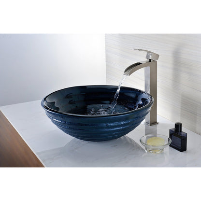 ANZZI Rongomae Series 17" x 17" Round Coiled Blue Deco-Glass Vessel Sink With Polished Chrome Pop-Up Drain