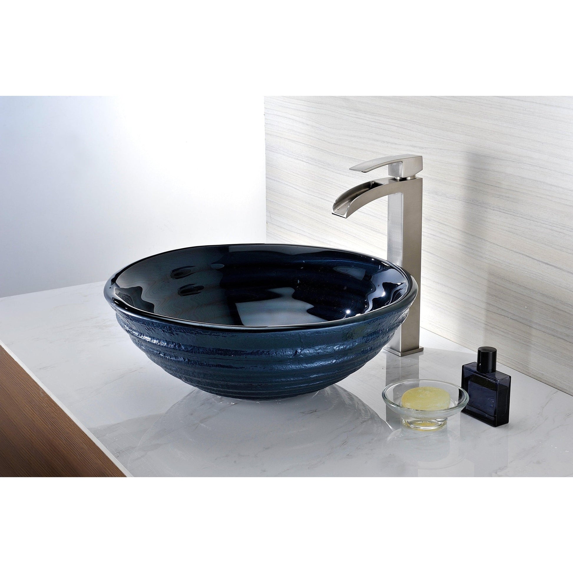 ANZZI Rongomae Series 17" x 17" Round Coiled Blue Deco-Glass Vessel Sink With Polished Chrome Pop-Up Drain