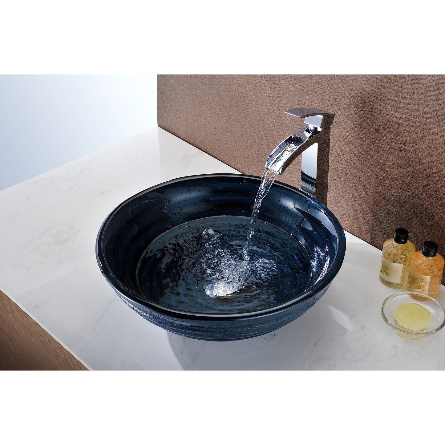 ANZZI Rongomae Series 17" x 17" Round Coiled Blue Deco-Glass Vessel Sink With Polished Chrome Pop-Up Drain