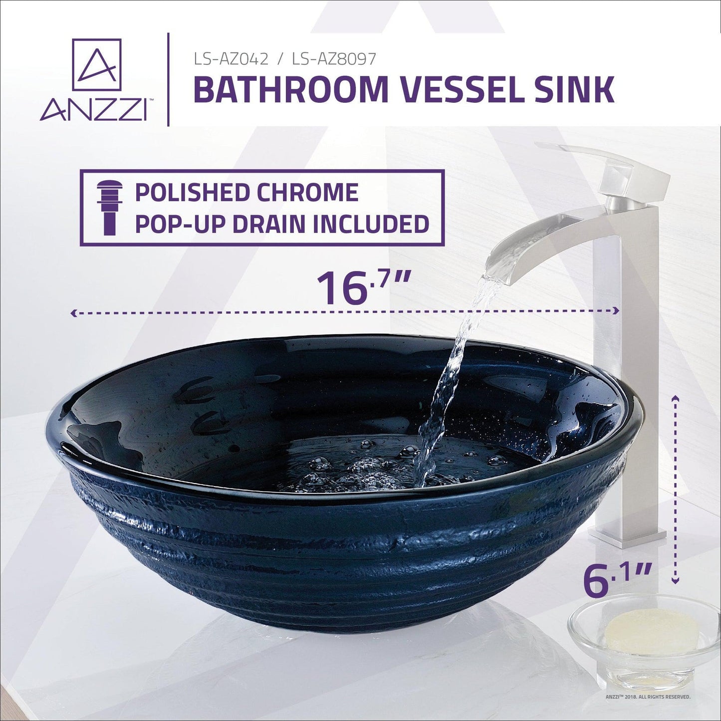 ANZZI Rongomae Series 17" x 17" Round Coiled Blue Deco-Glass Vessel Sink With Polished Chrome Pop-Up Drain