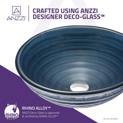 ANZZI Rongomae Series 17" x 17" Round Coiled Blue Deco-Glass Vessel Sink With Polished Chrome Pop-Up Drain