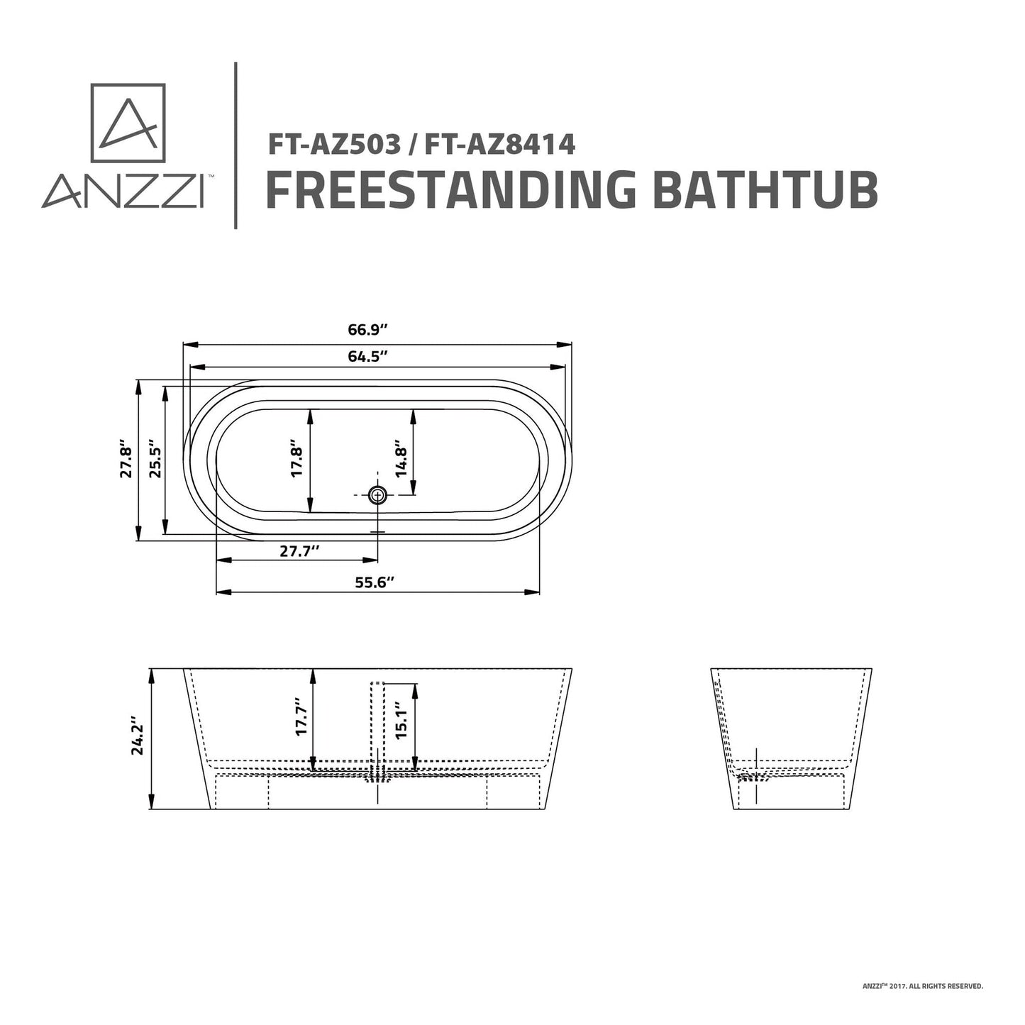 ANZZI Rossetto Series 67" x 28" Matte White Freestanding Bathtub With Built-In Overflow and Pop-Up Drain