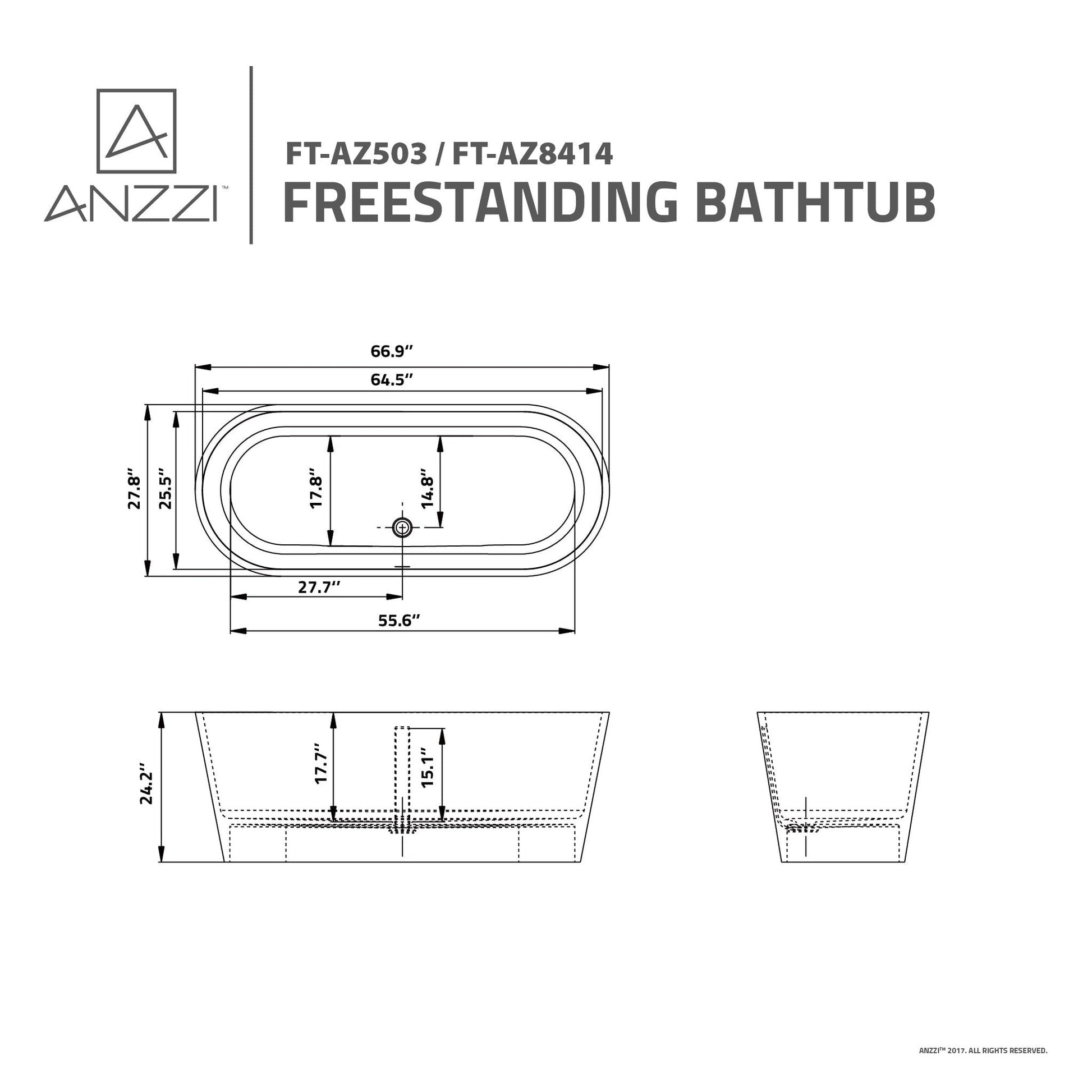 ANZZI Ruby Series 71" x 33" Glossy White Freestanding Bathtub With Built-In Overflow and Pop-Up Drain