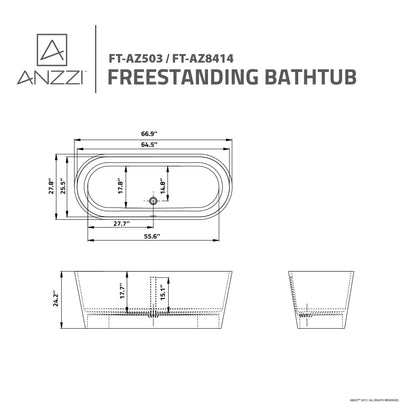 ANZZI Ruby Series 71" x 33" Glossy White Freestanding Bathtub With Built-In Overflow and Pop-Up Drain