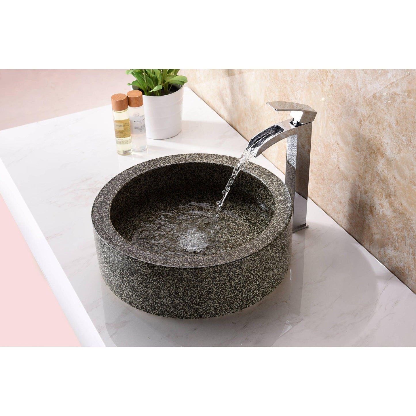 ANZZI Samauga Series 17" x 17" Round Speckled Stone Deco-Glass Vessel Sink With Polished Chrome Pop-Up Drain