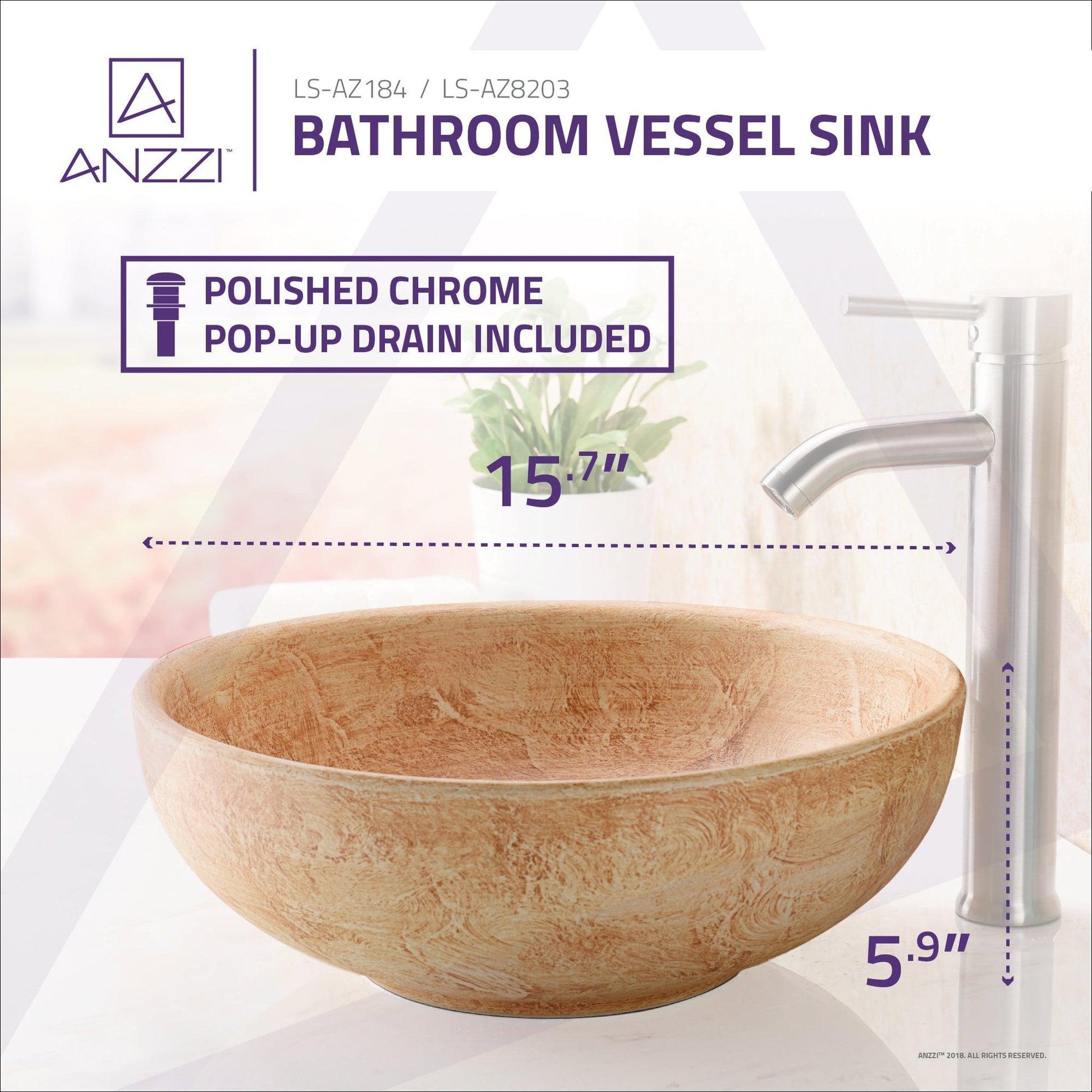 ANZZI Sataua Series 16" x 16" Round Creamy Beige Deco-Glass Vessel Sink With Polished Chrome Pop-Up Drain