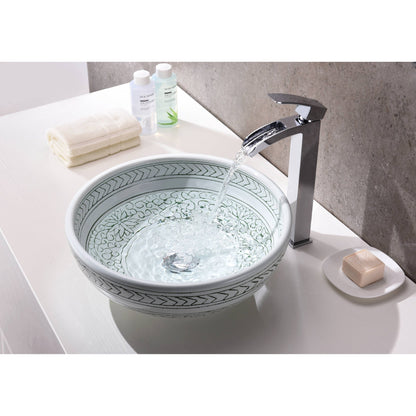 ANZZI Satui Series 16" x 16" Round Black Décor White Deco-Glass Vessel Sink With Polished Chrome Pop-Up Drain