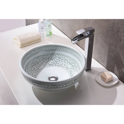 ANZZI Satui Series 16" x 16" Round Black Décor White Deco-Glass Vessel Sink With Polished Chrome Pop-Up Drain