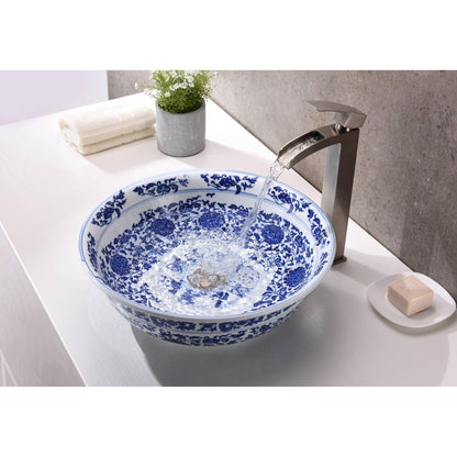 ANZZI Satui Series 16" x 16" Round Dark Blue Décor White Deco-Glass Vessel Sink With Polished Chrome Pop-Up Drain