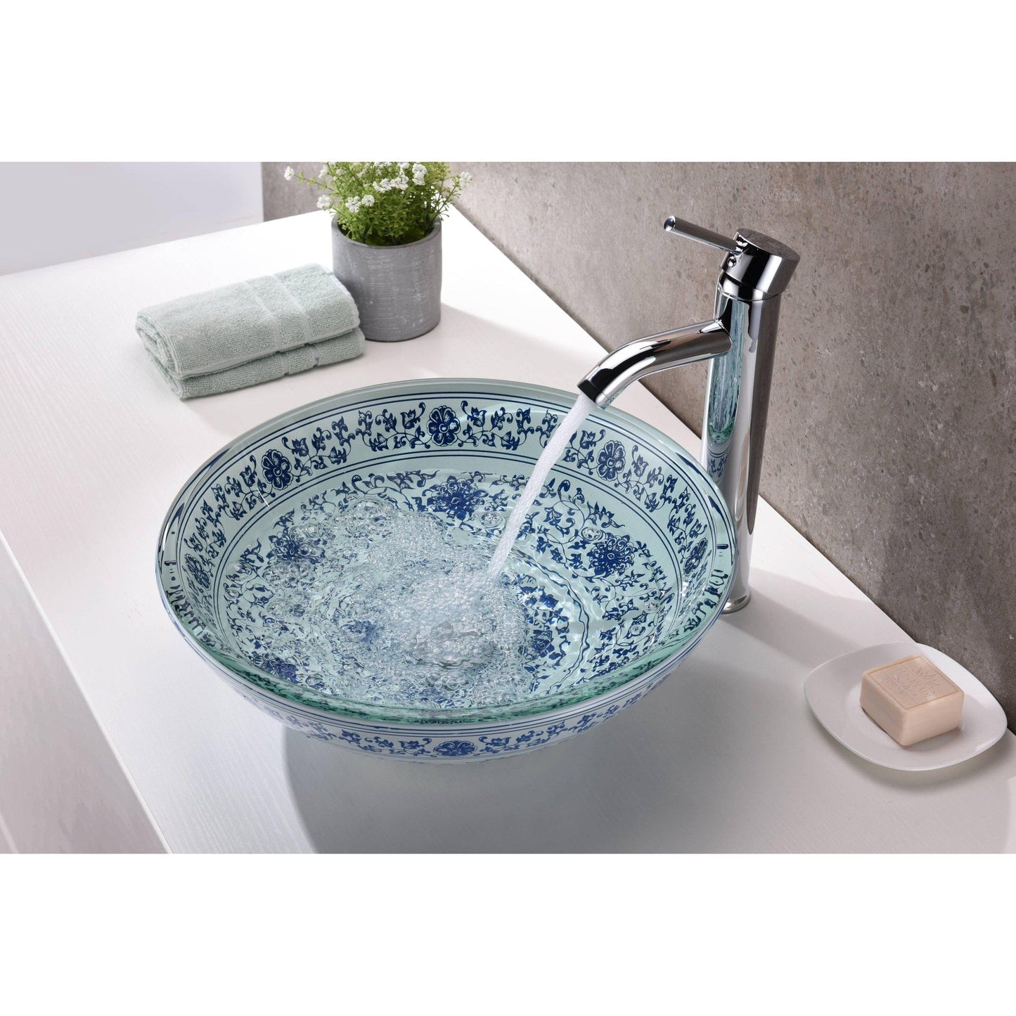 ANZZI Satui Series 17" x 17" Round Blue Décor White Deco-Glass Vessel Sink With Polished Chrome Pop-Up Drain