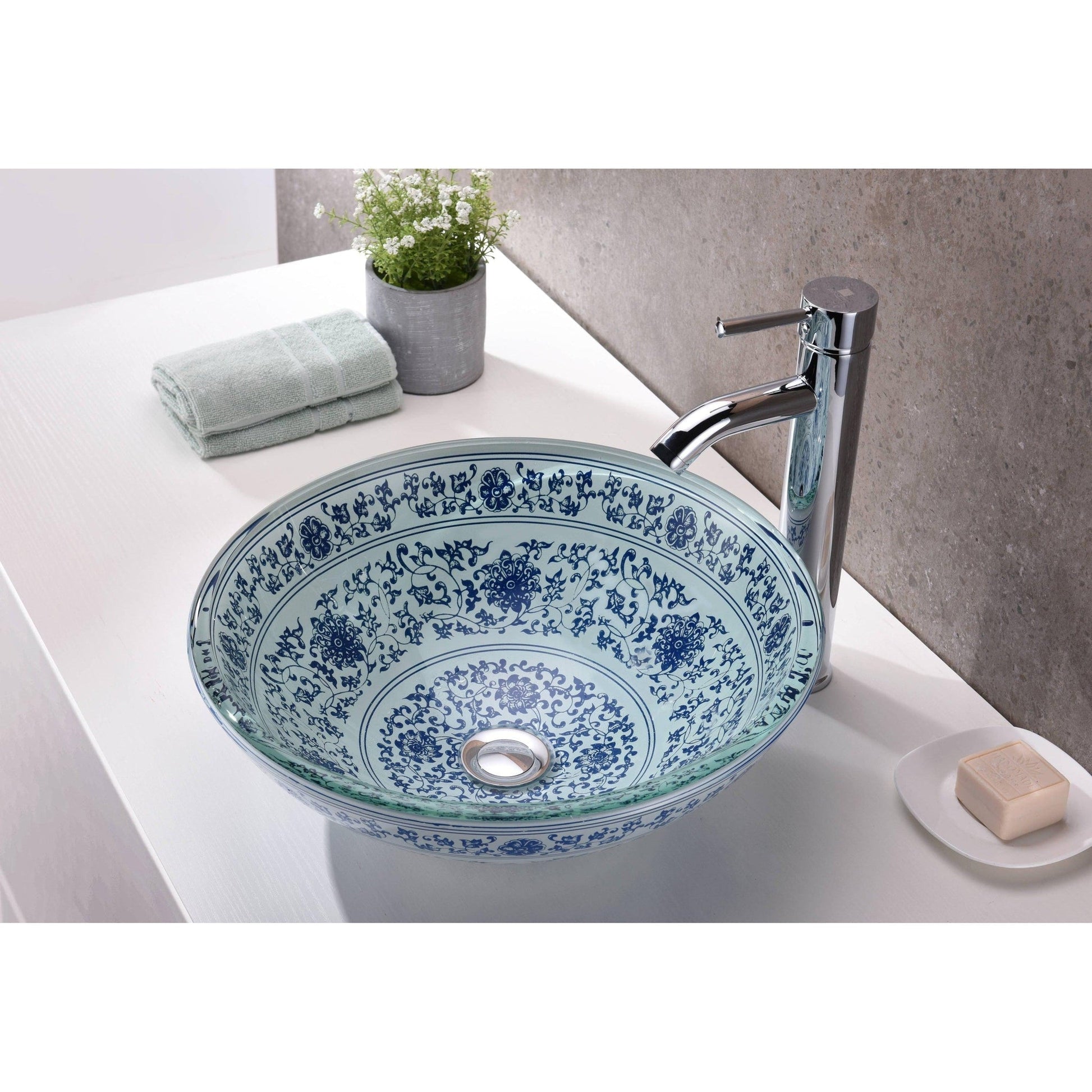 ANZZI Satui Series 17" x 17" Round Blue Décor White Deco-Glass Vessel Sink With Polished Chrome Pop-Up Drain