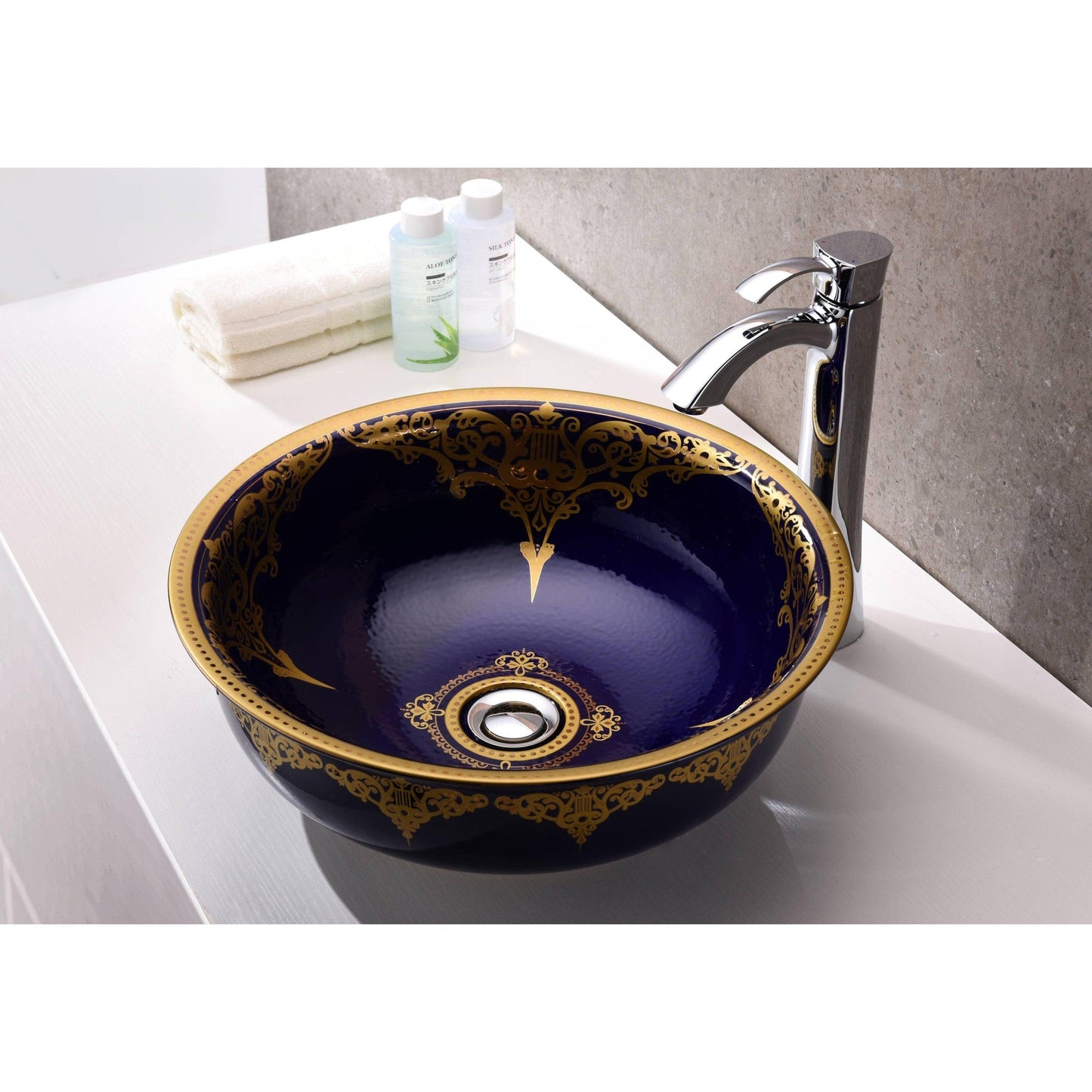 ANZZI Sauano Series 17" x 17" Round Royal Blue Deco-Glass Vessel Sink With Polished Chrome Pop-Up Drain