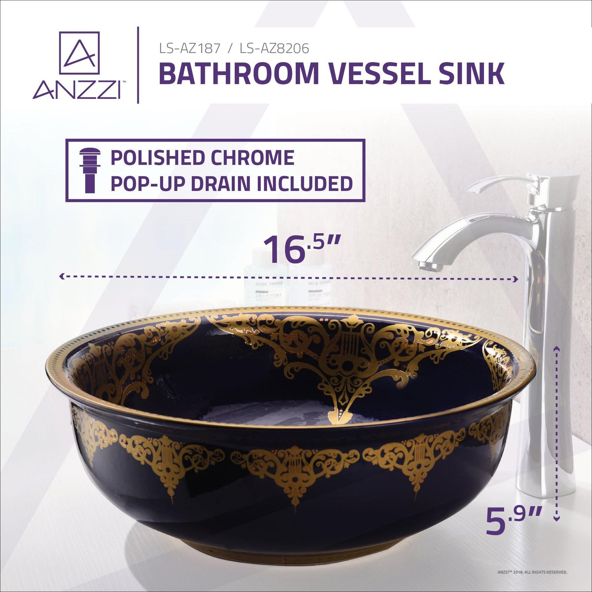 ANZZI Sauano Series 17" x 17" Round Royal Blue Deco-Glass Vessel Sink With Polished Chrome Pop-Up Drain