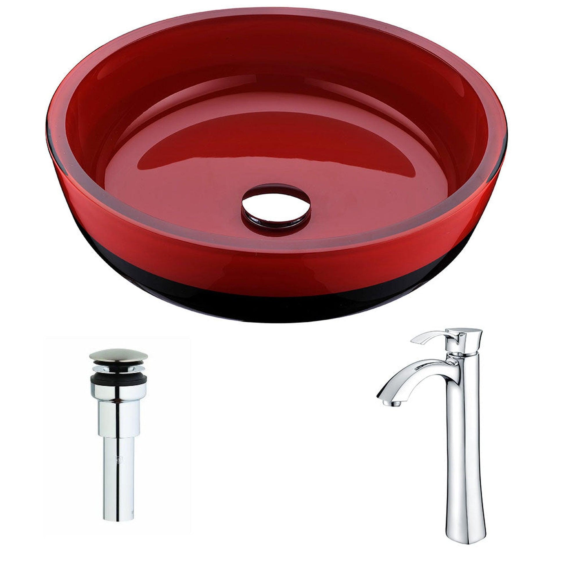 ANZZI Schnell Series 17" x 17" Cylinder Shape Lustrous Red and Black Deco-Glass Vessel Sink With Chrome Pop-Up Drain and Harmony Faucet