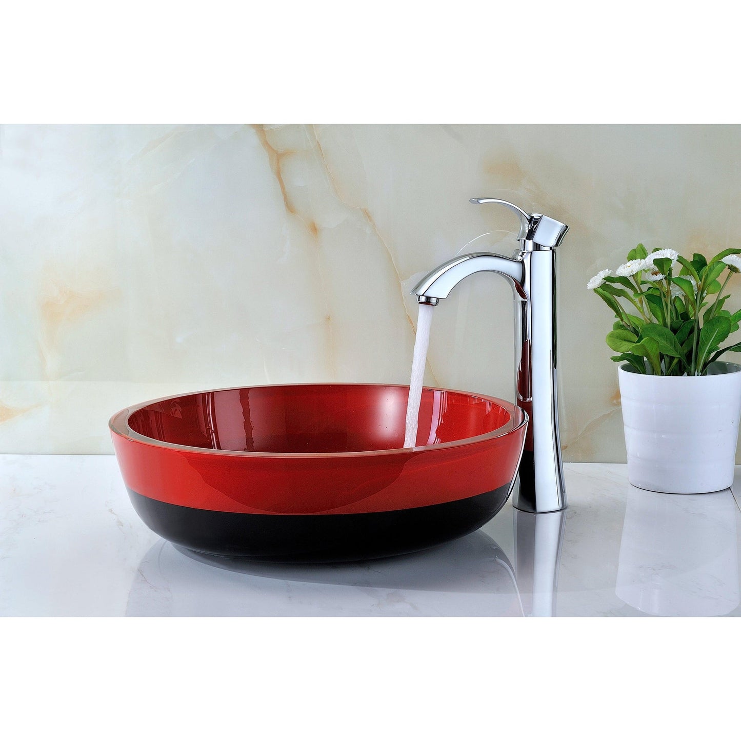 ANZZI Schnell Series 17" x 17" Cylinder Shape Lustrous Red and Black Deco-Glass Vessel Sink With Polished Chrome Pop-Up Drain