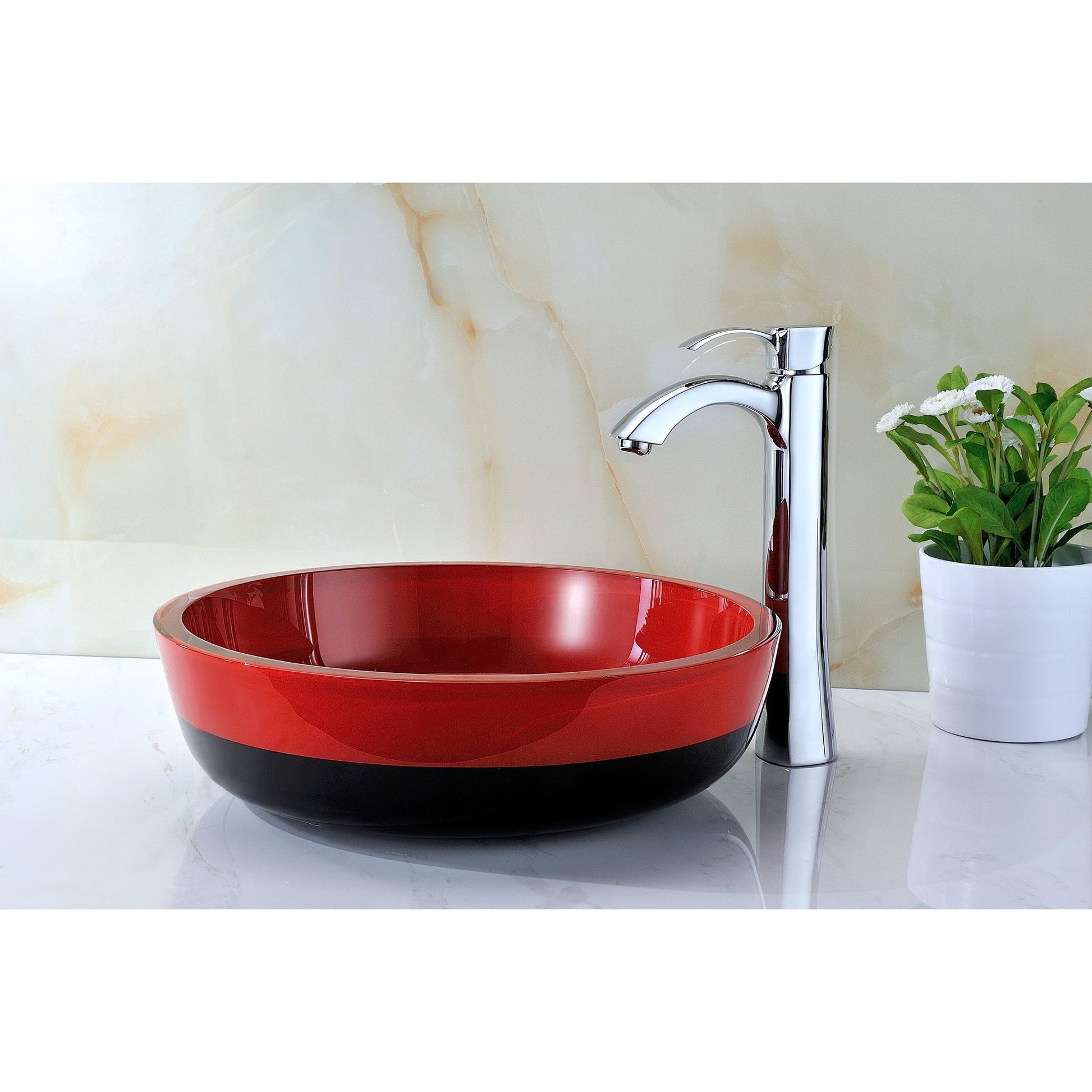 ANZZI Schnell Series 17" x 17" Cylinder Shape Lustrous Red and Black Deco-Glass Vessel Sink With Polished Chrome Pop-Up Drain