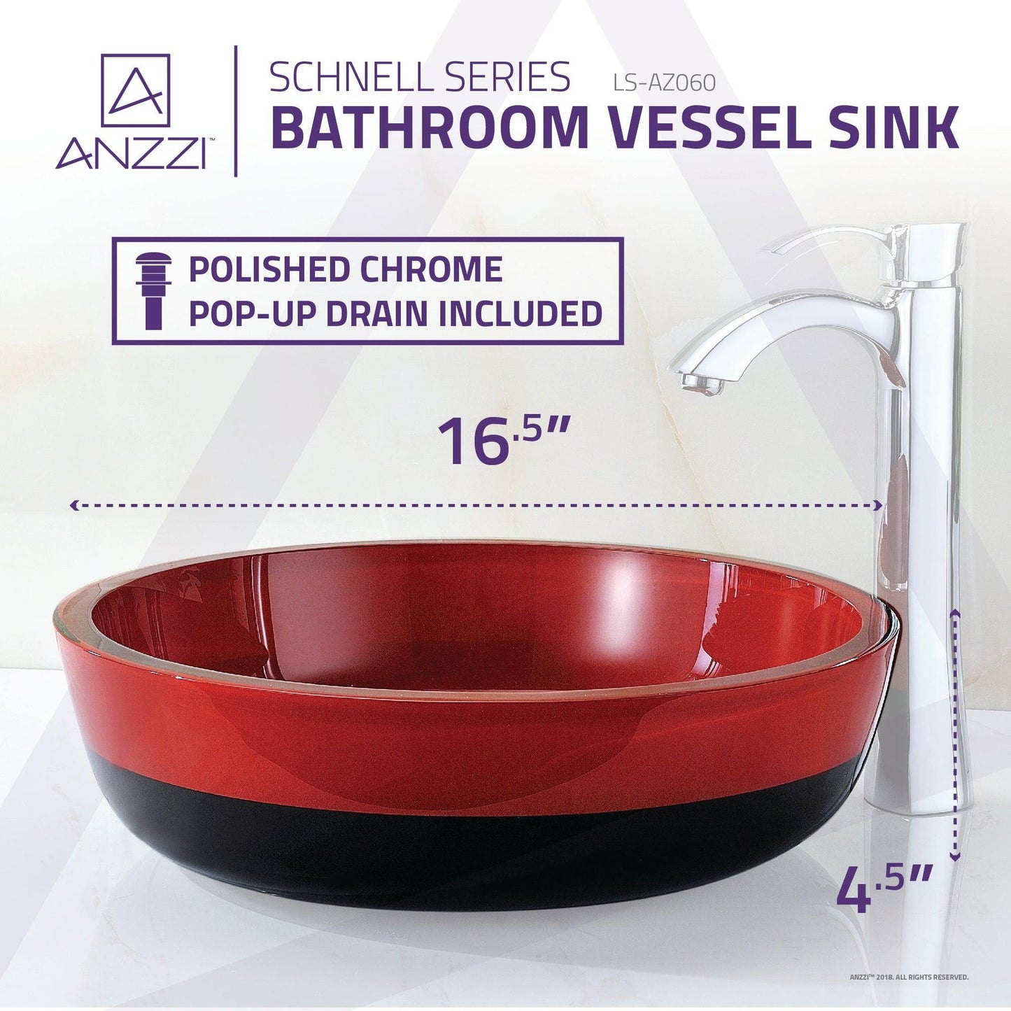 ANZZI Schnell Series 17" x 17" Cylinder Shape Lustrous Red and Black Deco-Glass Vessel Sink With Polished Chrome Pop-Up Drain