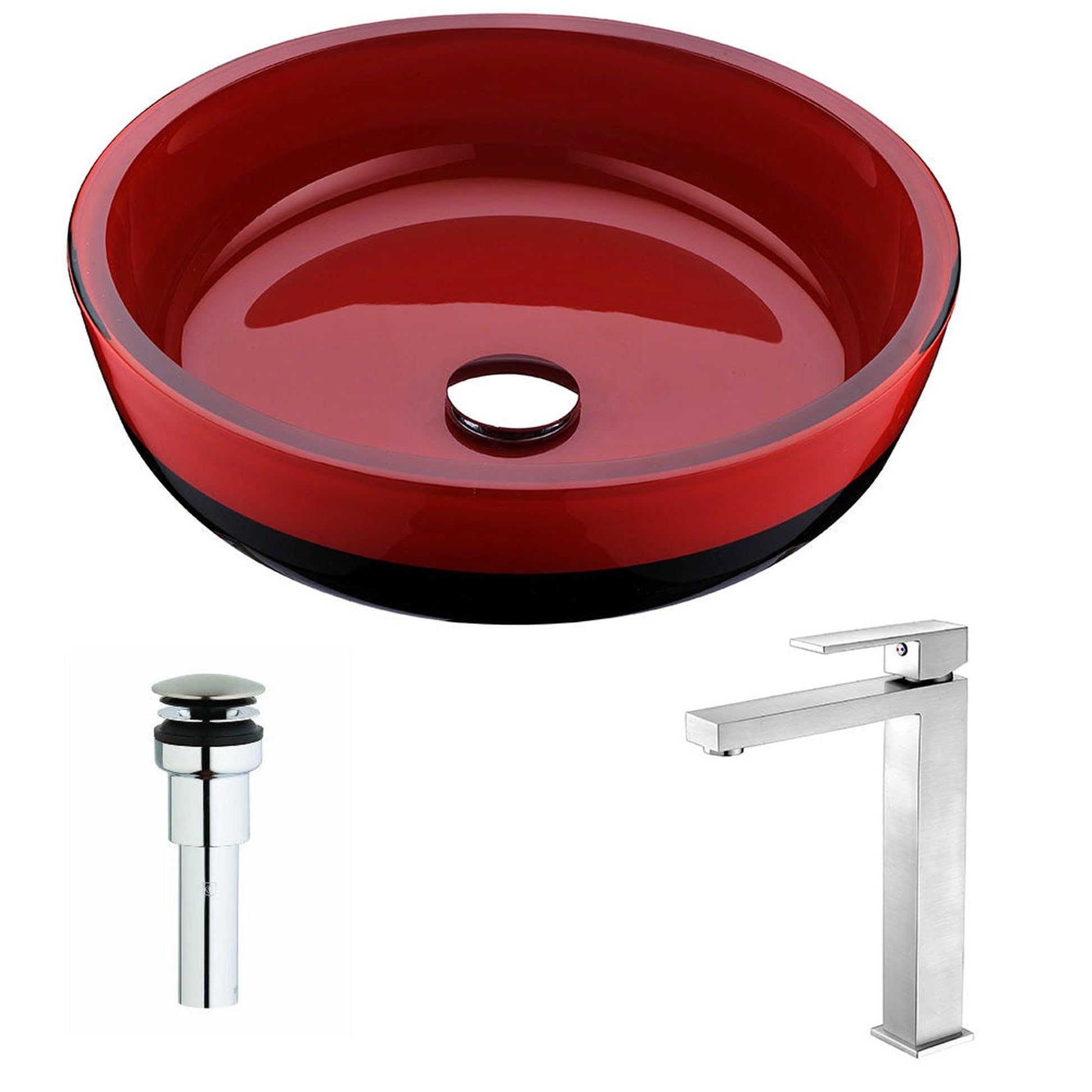 ANZZI Schnell Series 17" x 17" Cylinder Shape Lustrous Red and Black Vessel Sink With Chrome Pop-Up Drain and Brushed Nickel Enti Faucet