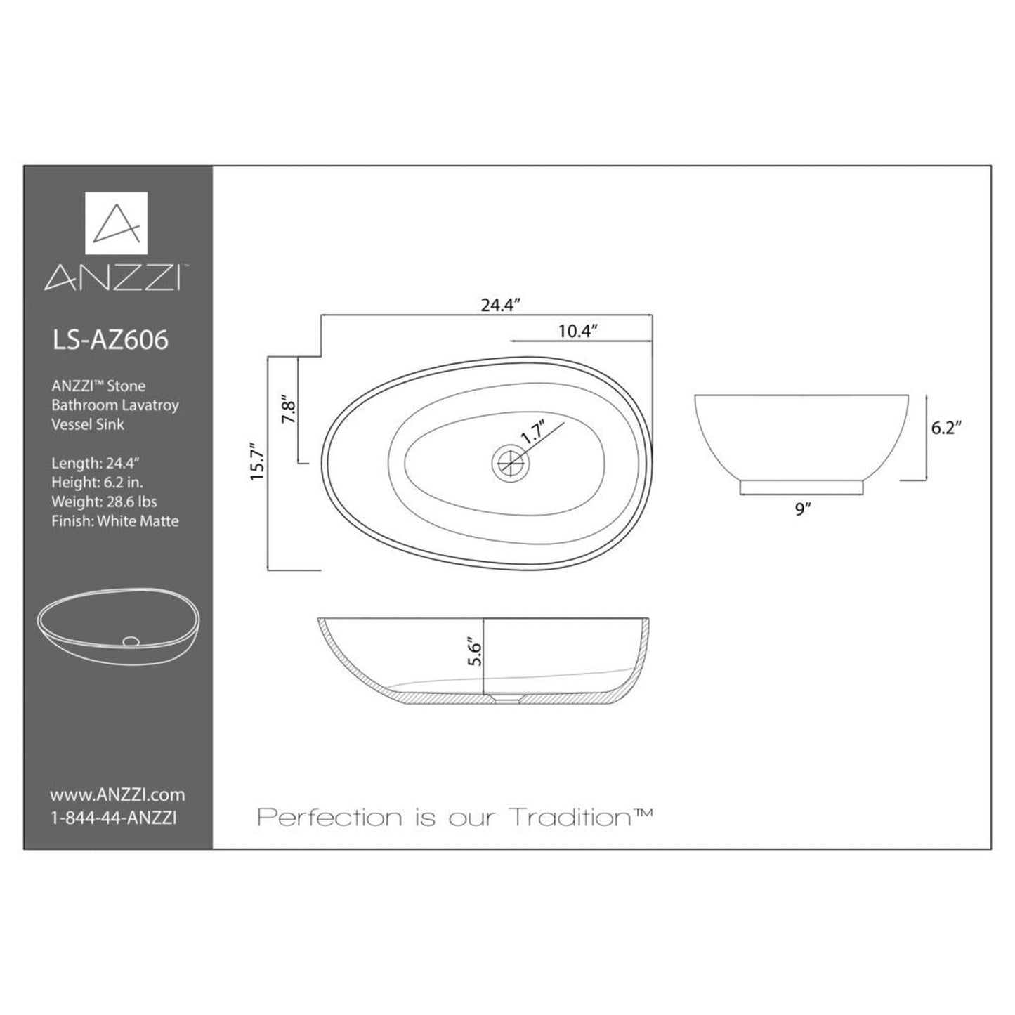 ANZZI Sensei Series 25" x 16" Oval Shape Matte White Vessel Sink