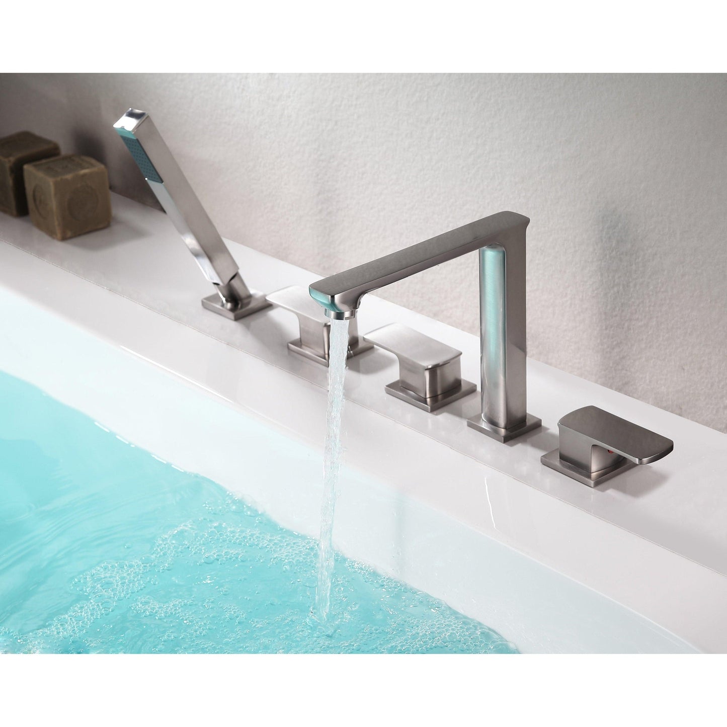 ANZZI Shore Series 3-Handle Brushed Nickel Roman Tub Faucet With Euro-Grip Handheld Sprayer