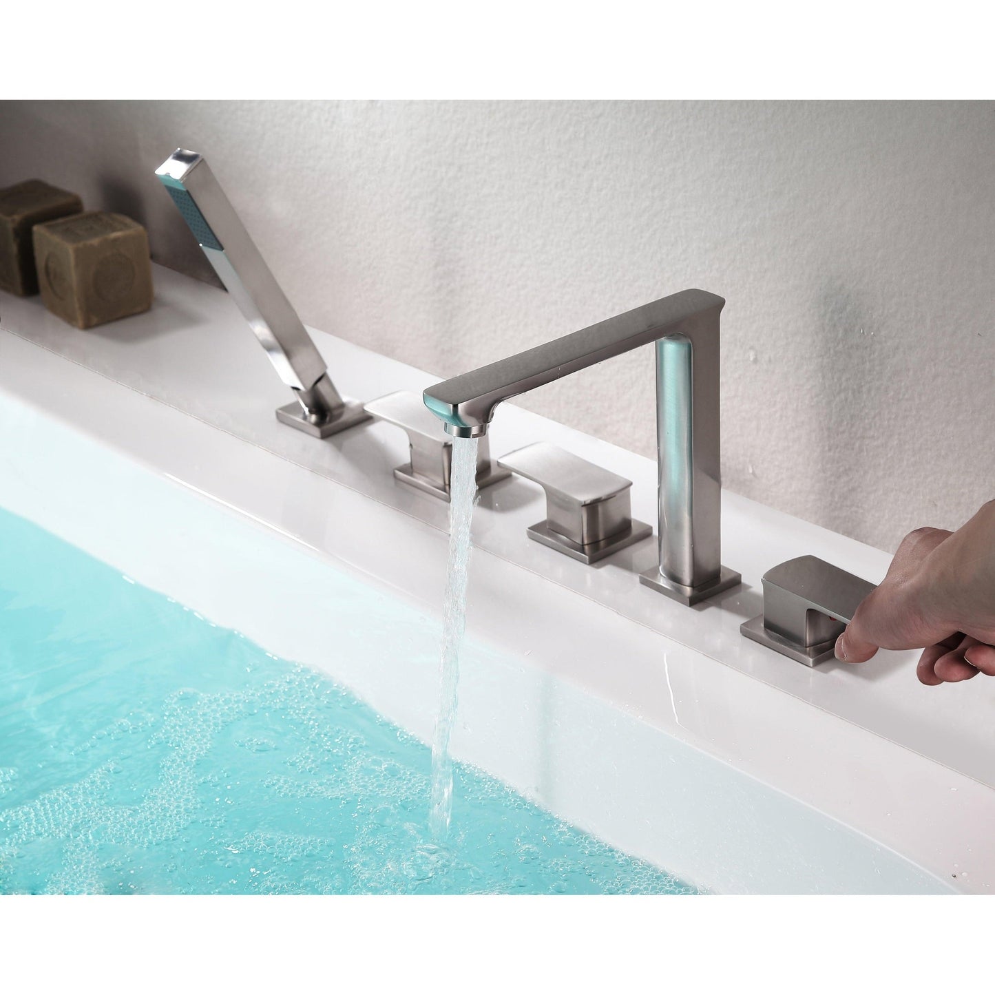 ANZZI Shore Series 3-Handle Brushed Nickel Roman Tub Faucet With Euro-Grip Handheld Sprayer