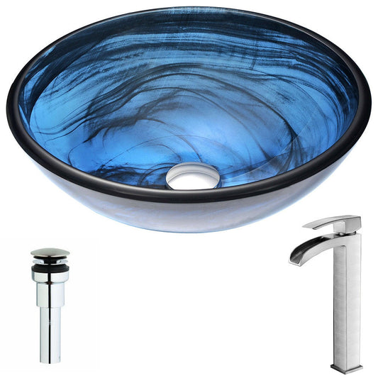 ANZZI Soave Series 17" x 17" Round Sapphire Wisp Deco-Glass Vessel Sink Finish With Chrome Pop-Up Drain and Key Faucet
