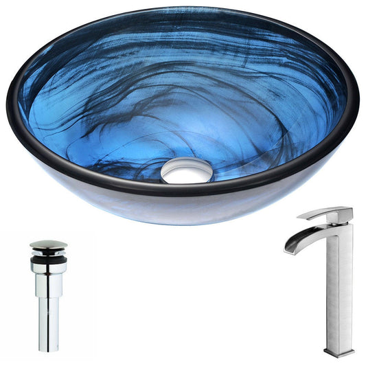 ANZZI Soave Series 17" x 17" Round Sapphire Wisp Deco-Glass Vessel Sink Finish With Polished Chrome Pop-Up Drain and Brushed Nickel Key Faucet