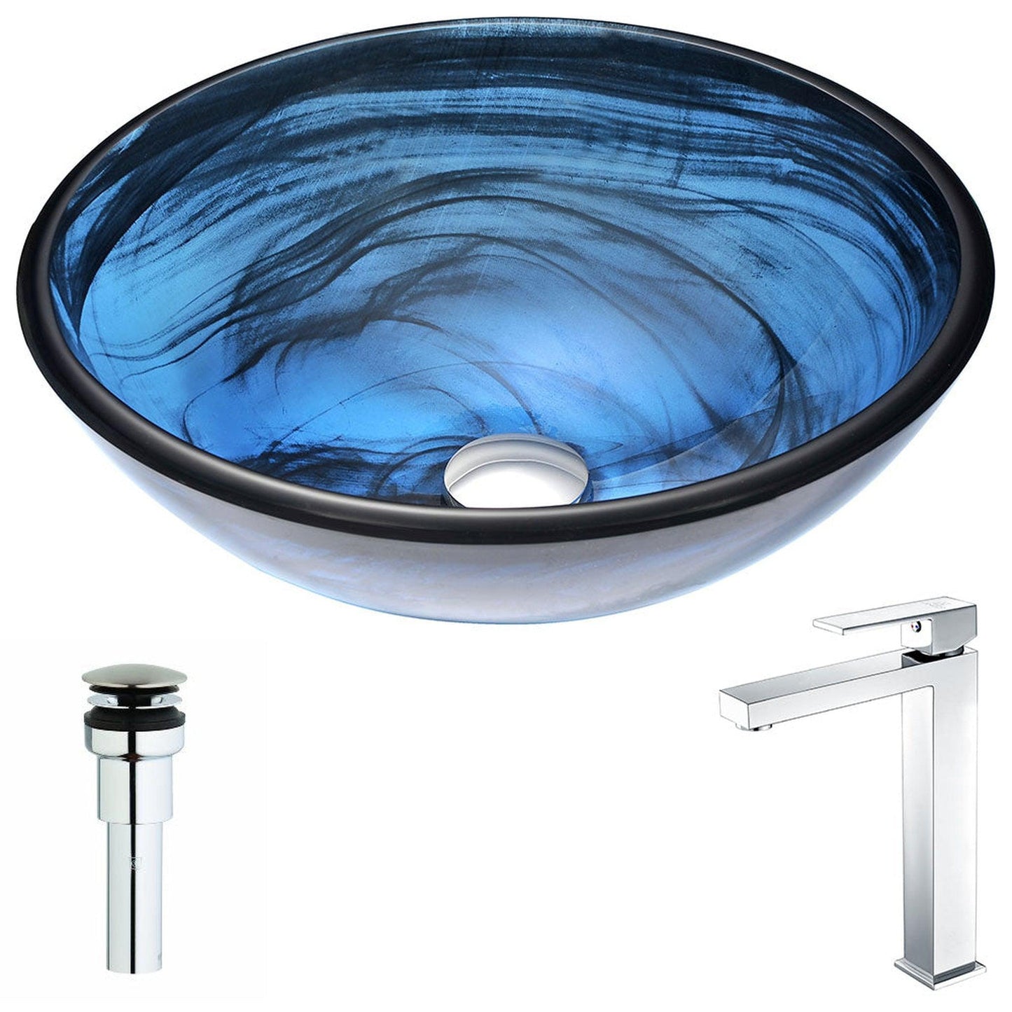 ANZZI Soave Series 17" x 17" Round Sapphire Wisp Deco-Glass Vessel Sink With Chrome Pop-Up Drain and Enti Faucet