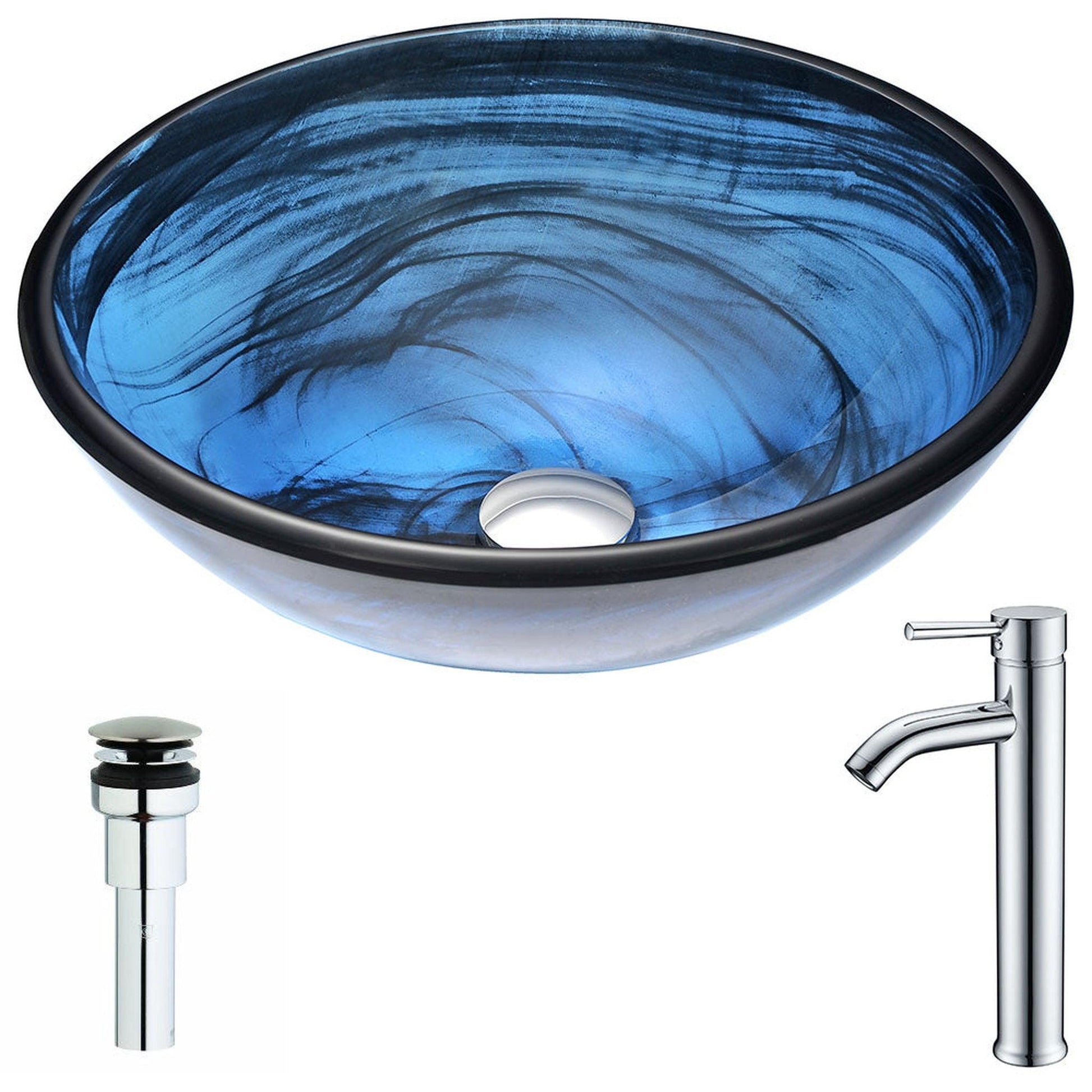 ANZZI Soave Series 17" x 17" Round Sapphire Wisp Deco-Glass Vessel Sink With Chrome Pop-Up Drain and Fann Faucet