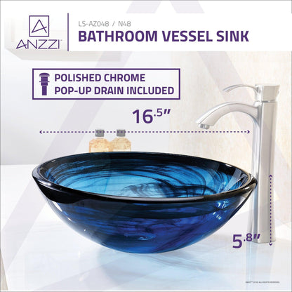 ANZZI Soave Series 17" x 17" Round Sapphire Wisp Deco-Glass Vessel Sink With Polished Chrome Pop-Up Drain