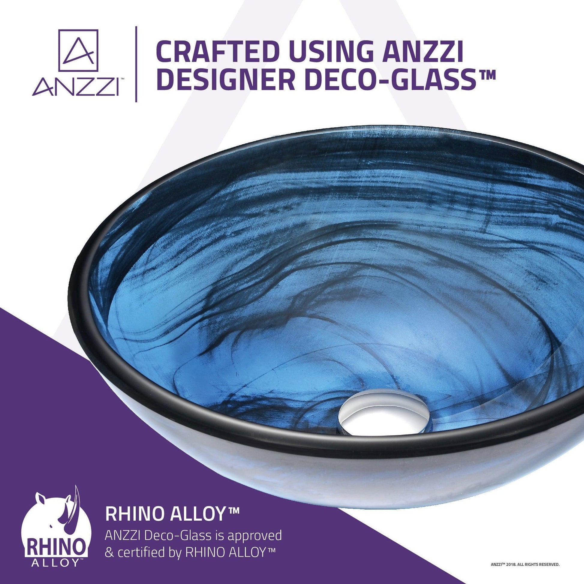 ANZZI Soave Series 17" x 17" Round Sapphire Wisp Deco-Glass Vessel Sink With Polished Chrome Pop-Up Drain