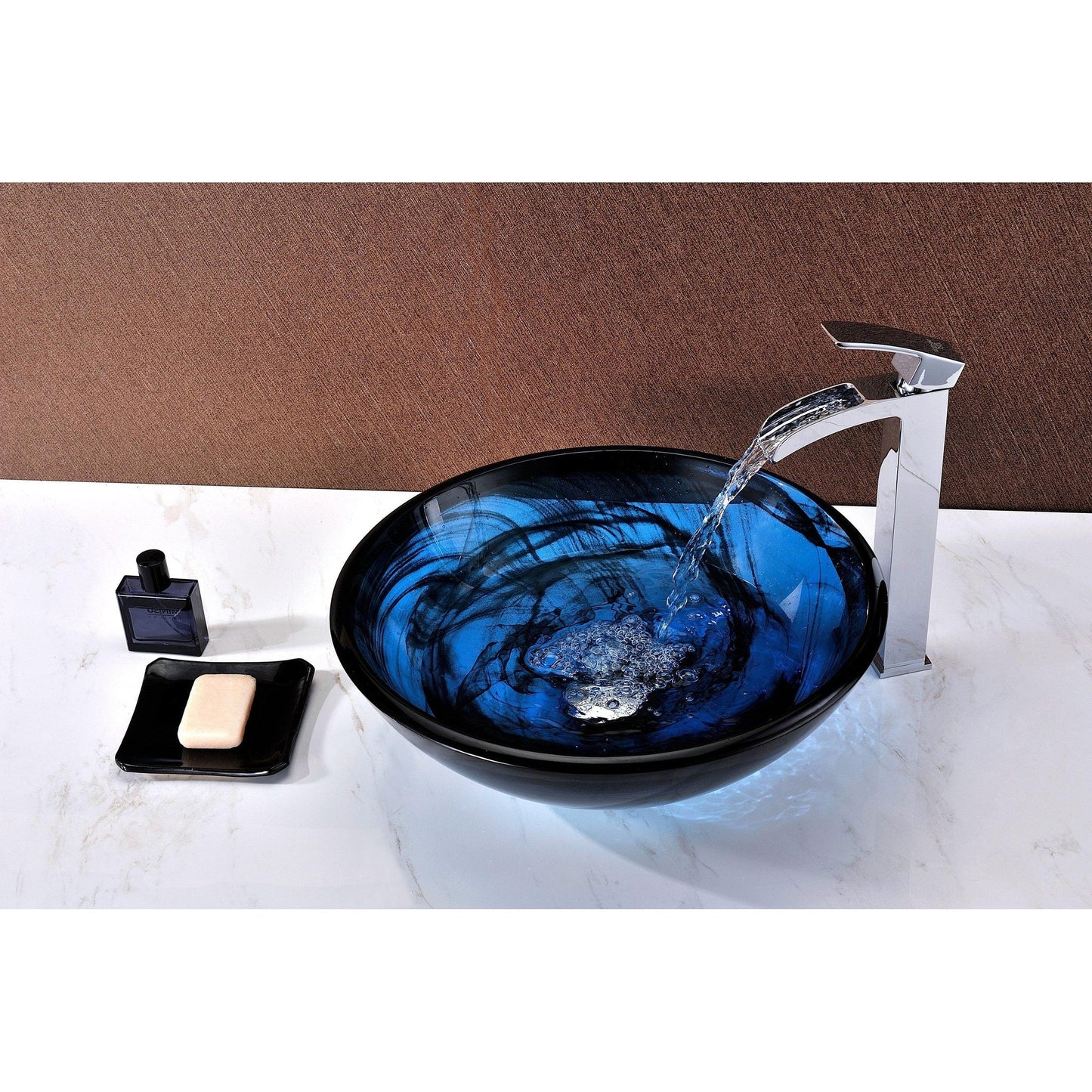 ANZZI Soave Series 17" x 17" Round Sapphire Wisp Deco-Glass Vessel Sink With Polished Chrome Pop-Up Drain