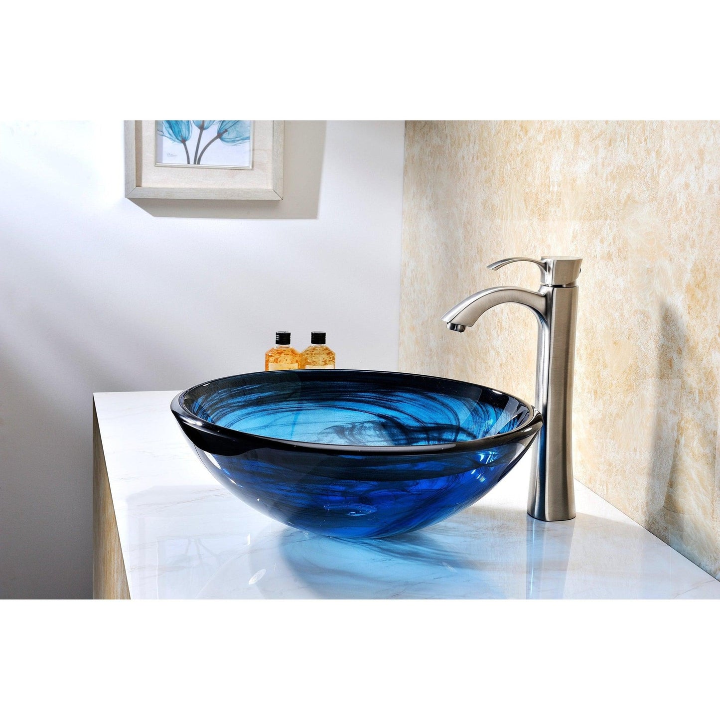 ANZZI Soave Series 17" x 17" Round Sapphire Wisp Deco-Glass Vessel Sink With Polished Chrome Pop-Up Drain