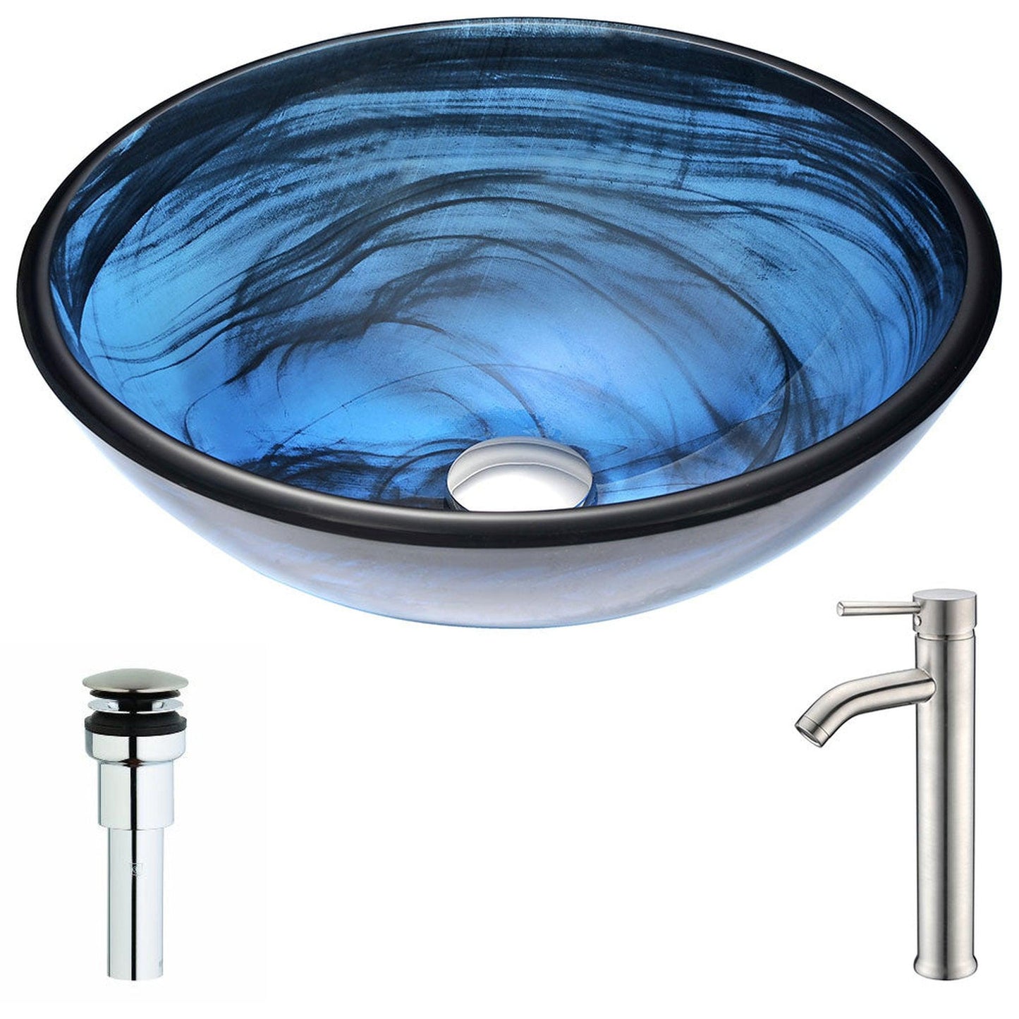 ANZZI Soave Series 17" x 17" Round Sapphire Wisp Deco-Glass Vessel Sink With Polished Chrome Pop-Up Drain and Brushed Nickel Fann Faucet