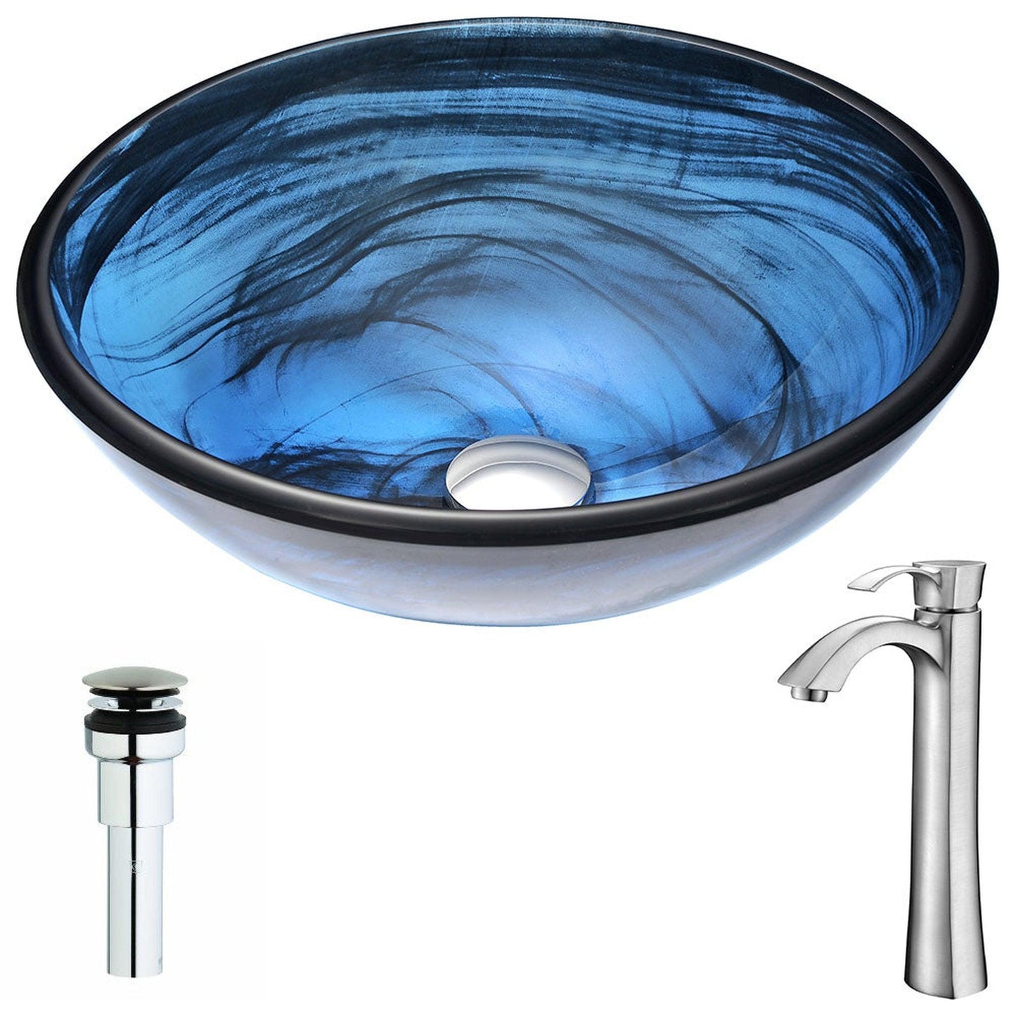 ANZZI Soave Series 17" x 17" Round Sapphire Wisp Deco-Glass Vessel Sink With Polished Chrome Pop-Up Drain and Brushed Nickel Harmony Faucet