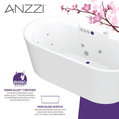 ANZZI Sofi Series 67" x 33" Matte White Freestanding Whirlpool Bathtub With Built-In Overflow and Pop-Up Drain