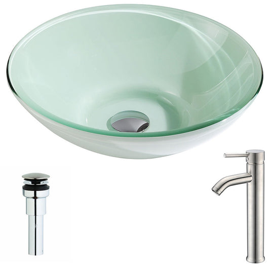 ANZZI Sonata Series 16" x 16" Round Lustrous Light Green Deco-Glass Vessel Sink With Polished Chrome Pop-Up Drain and Brushed Nickel Fann Faucet