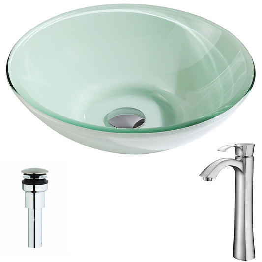 ANZZI Sonata Series 16" x 16" Round Lustrous Light Green Deco-Glass Vessel Sink With Polished Chrome Pop-Up Drain and Brushed Nickel Harmony Faucet
